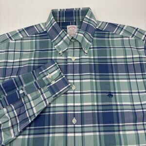 Brooks Brothers Medium Blue Green Check Plaid Long Sleeve Button Down Shirt